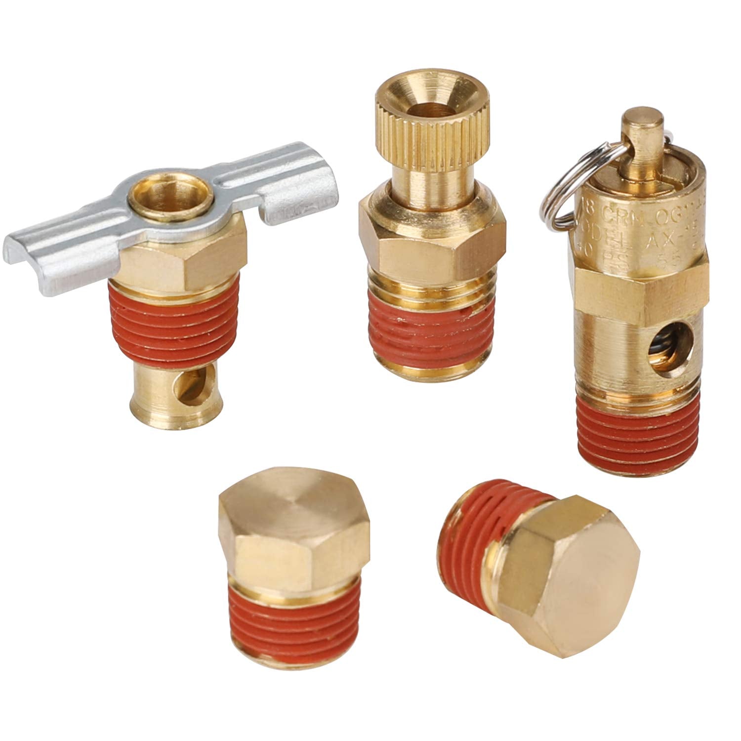 Hromee 5 Piece 1/4 Inch Compressor Air Tank Port Fittings Drain Valve Kit With Solid Brass Hex Head Plugs Winged Style And Twist