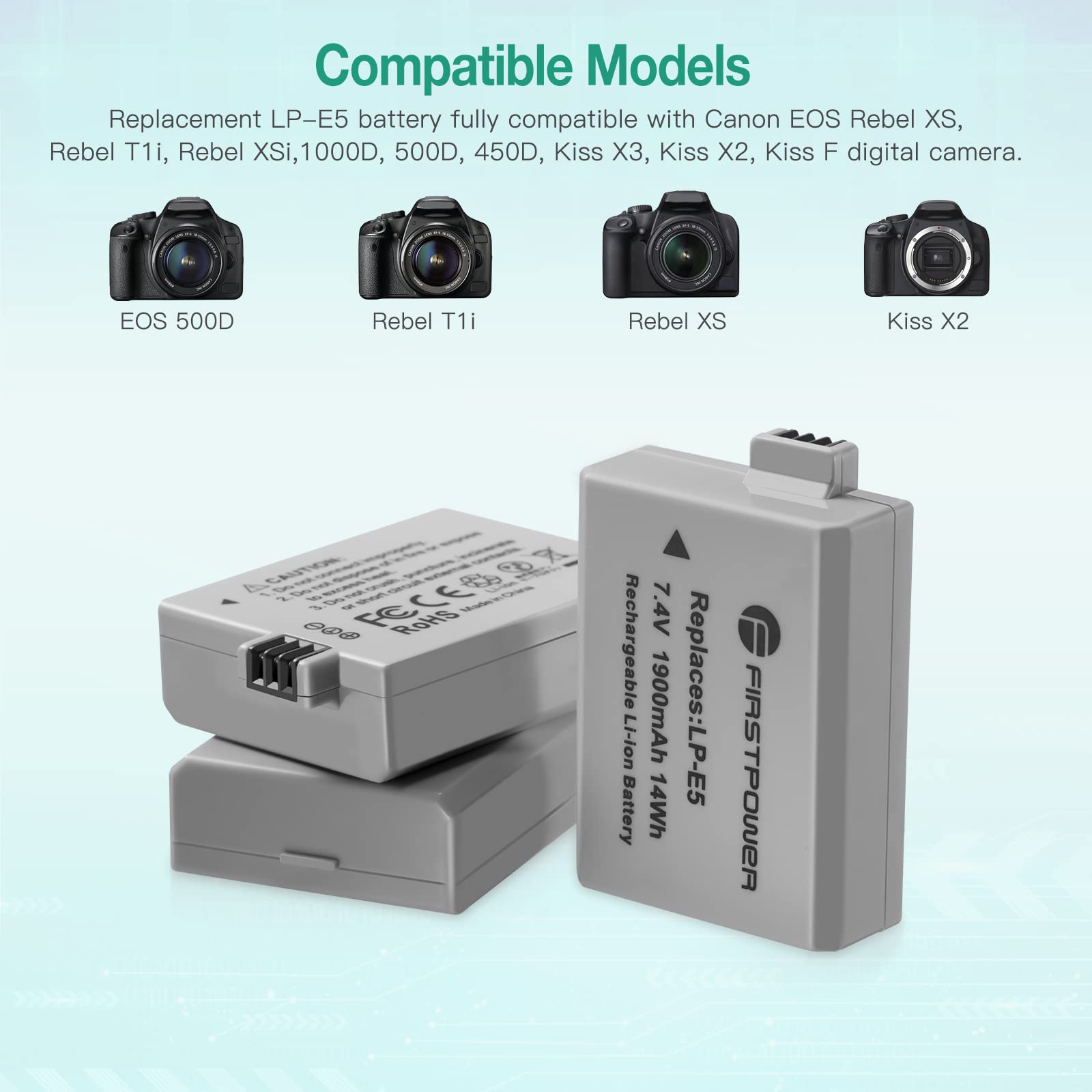 FirstPower LP-E5 Camera Battery 3-Pack Triple Charger Kit for Canon EOS Rebel XS T1i XSi 1000D 500D 450D Black