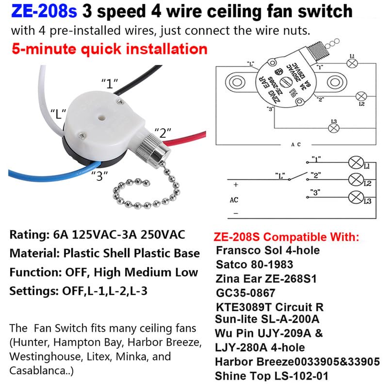 Ceiling Fan Switch Ze 208S Pull Chain Switch 3 Speed 4 Wire Switch Fan Replacement Part With 4 Pre Installed Wires  Nickel Chain