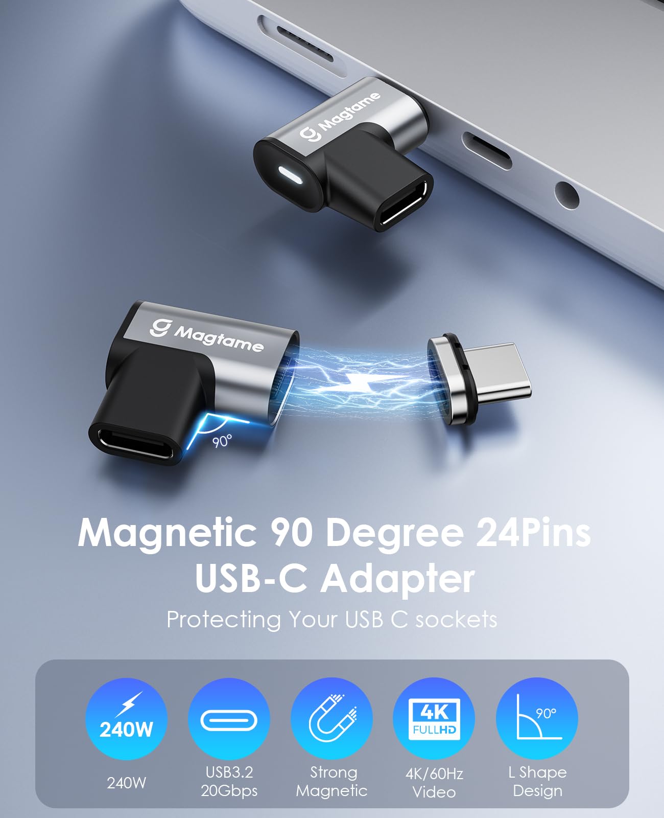 Magtame Magnetic 90 Degree Usb C Male To Usb C Female Adapter, 240W Right Angle 20Gbps Data Transfer 4K Video Output Compatible