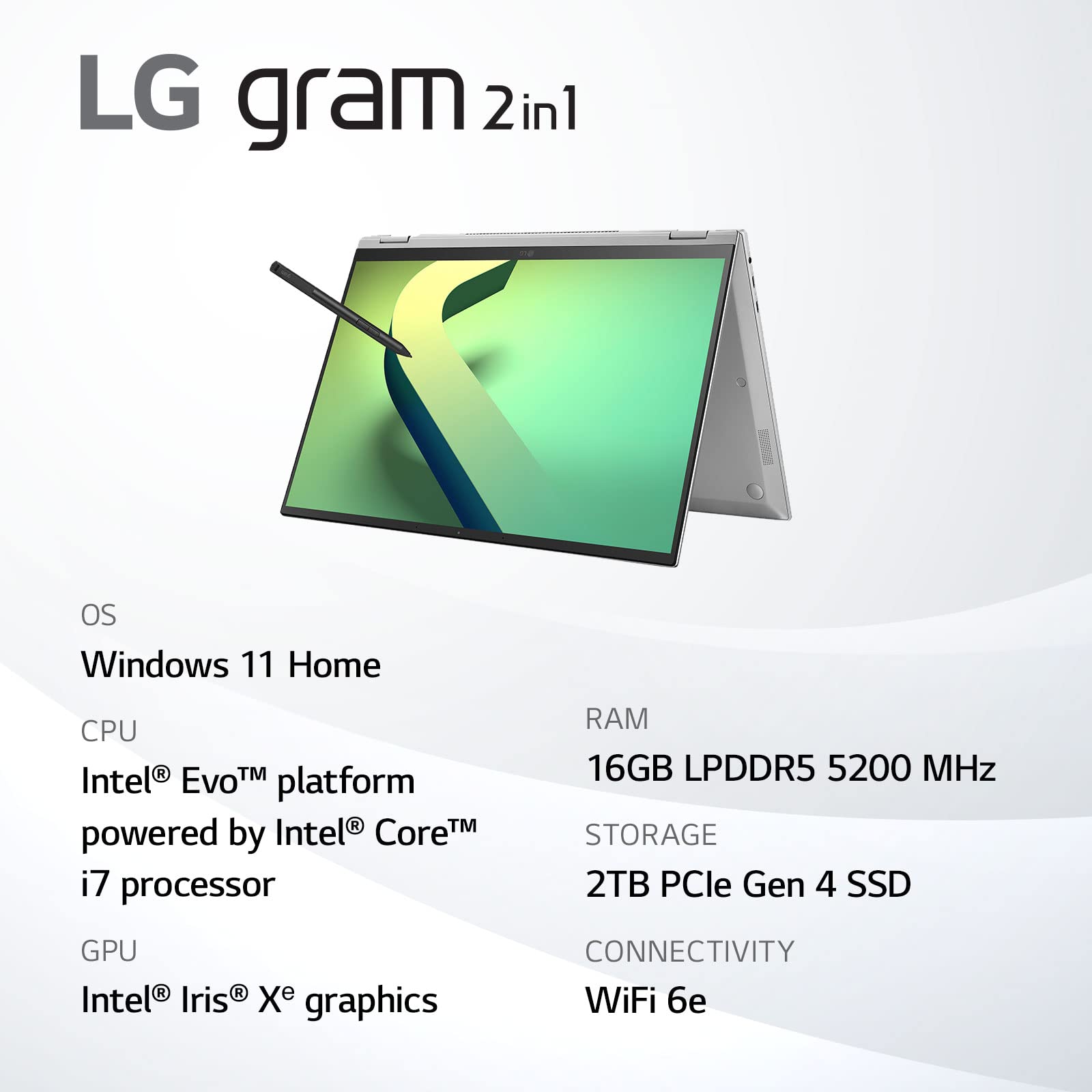 Lg Gram (2022) 16T90Q 2 In 1 Tablet Laptop, 16'' (2560 X 1600) Ips Display, Intel Evo 12Th Gen I7 1260P Processor, 16Gb Lpddr5,