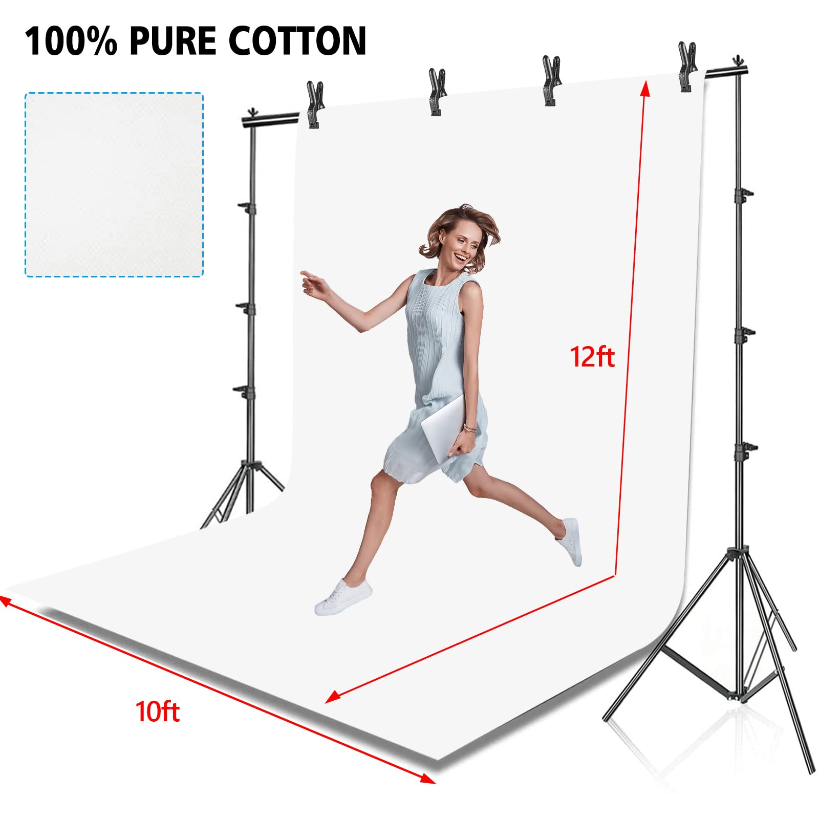 Hyj Inc Photo Background Support System With 10 X 10Ft Backdrop Stand Kit,10 X12Ft 100% White Cotton Muslin Backdrop,Clamp,Carry