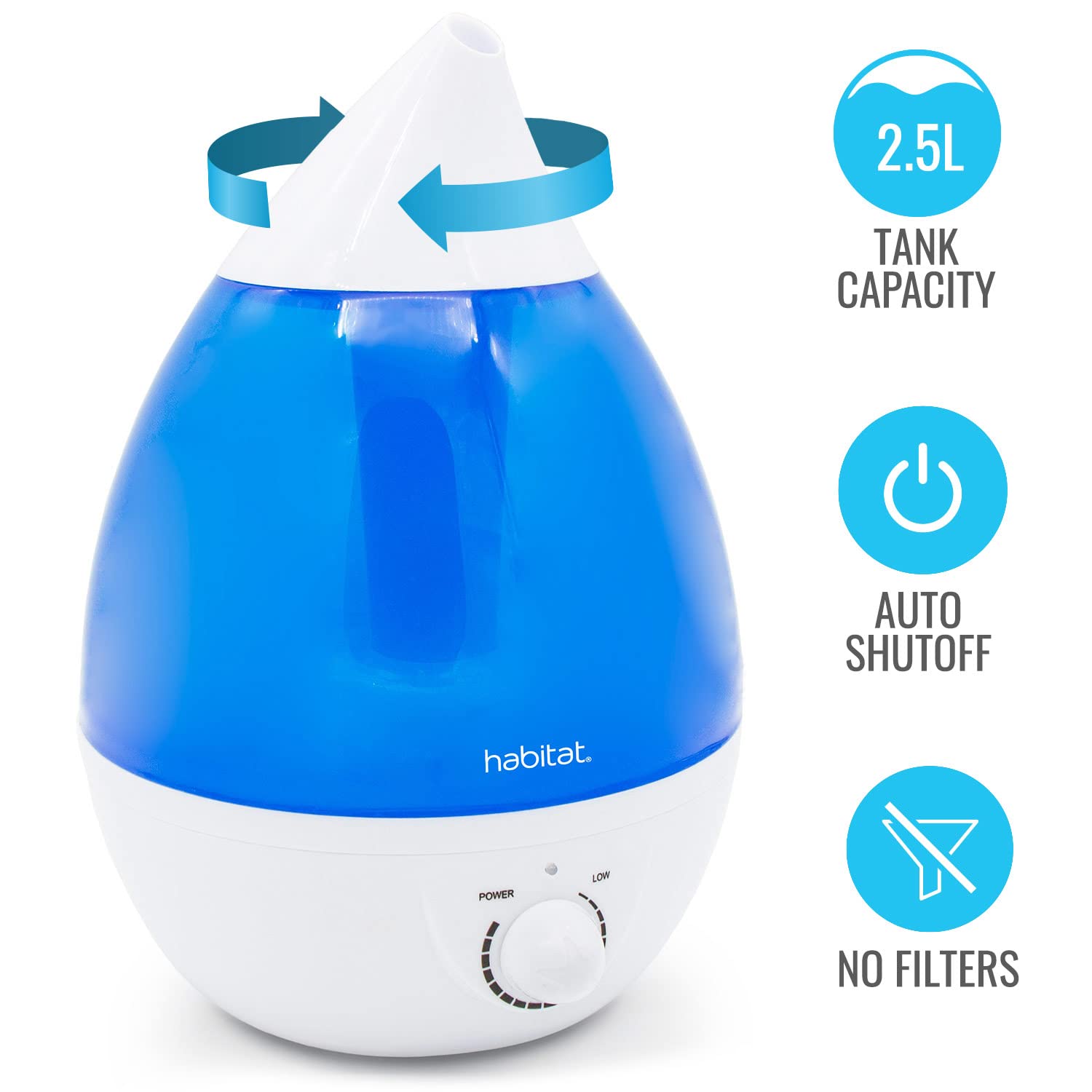 Habitat Cool Mist Ultrasonic Humidifier With Large 2.5L Tank, Whisper Quiet Humidifier With Led Light For Bedroom, 24 Hours Of C