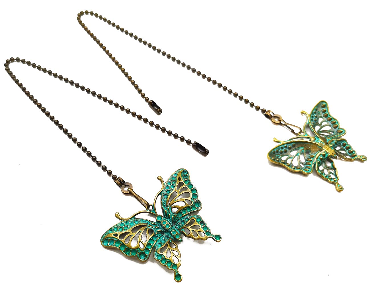 Hyamass 2Pcs Vintage Butterfly Pendant Ceiling Fan Danglers Fan Pulls Chain Extender With Ball Chain Connector (Green)