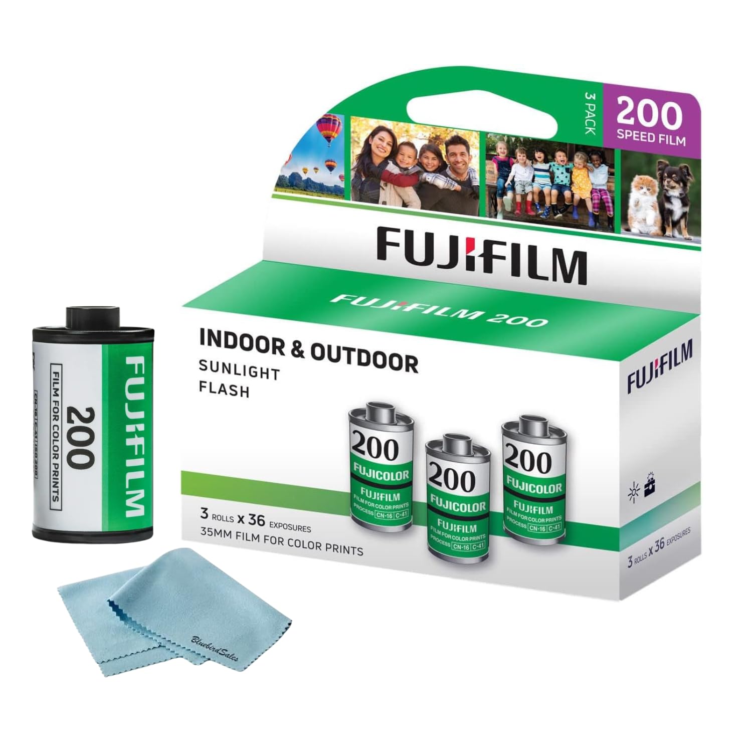 Fujifilm 200 Color Negative Film (35Mm Roll Film, 36 Exposures, 3 Pack) + Bluebirdsales Microfiber Cleaning Cloth Bundle