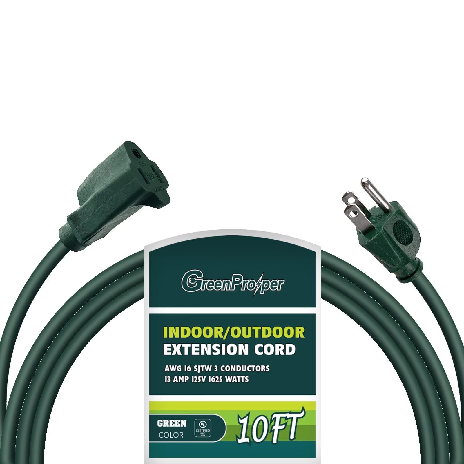 Greenprosper 10 Ft Indoor Outdoor Green Extension Cord, 16 Gauge Waterproof Electrical Power Cable, 16/3 Sjtw 3 Prong Grounded P