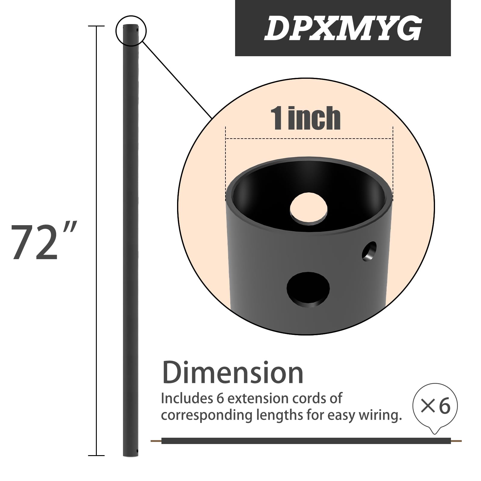 Dpxmyg 72 Inch Ceiling Fan Downrod With Extension Cord, 6 Ft Black Downrod For Ceiling Fan, 1 Inch Outside Diameter, Ceiling Fan