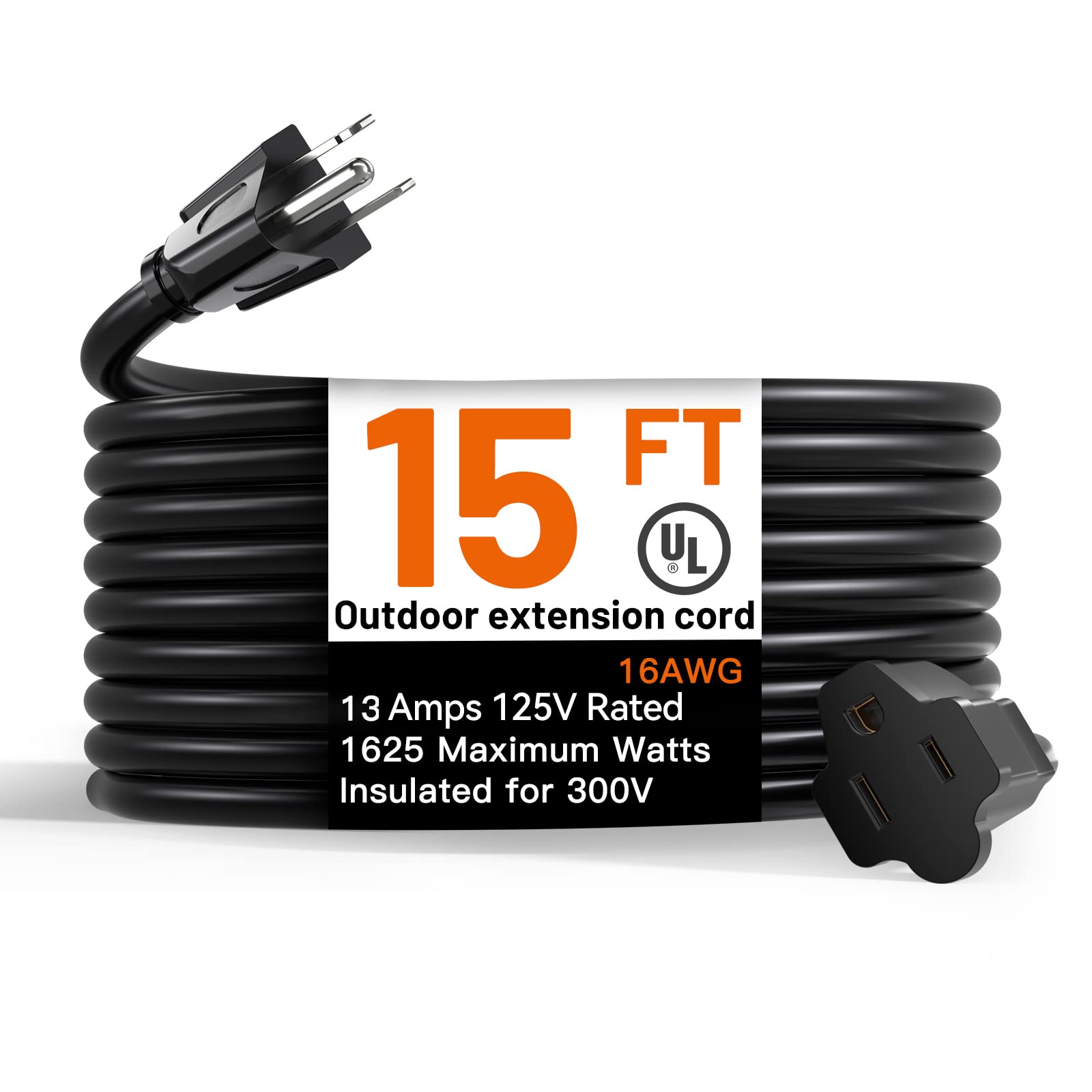 15 Feet Outdoor Extension Cord Waterproof, Black Extreme All Weather 16 Gauge Extensions Cord With Covers, Flexible 100% Copper