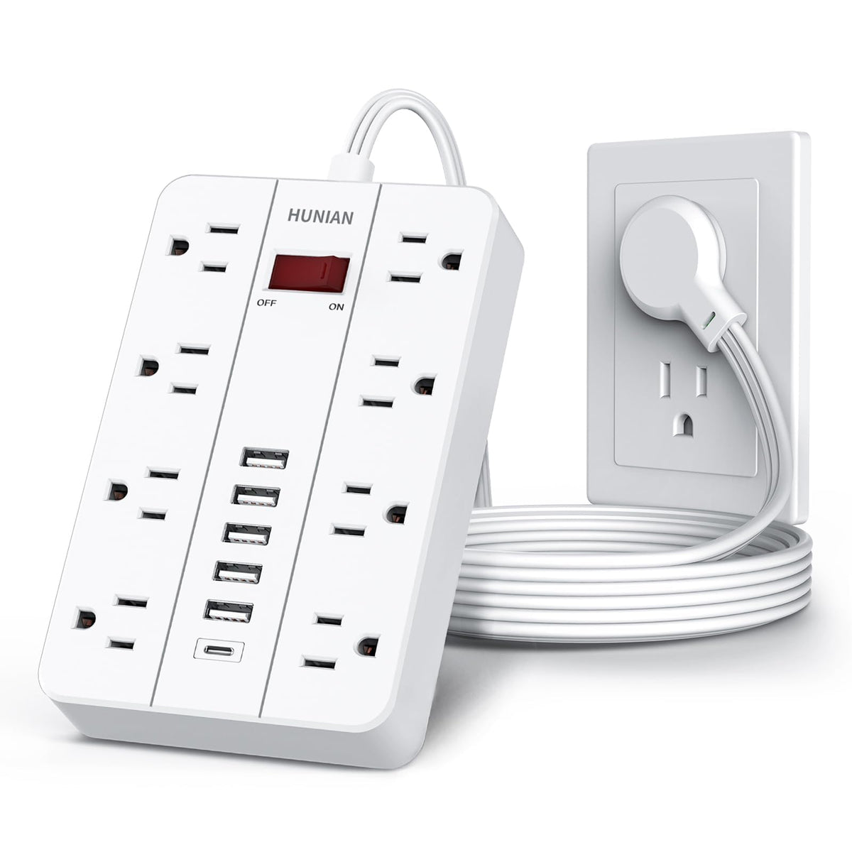 Power Strip With Usb, Flat Plug Extension Cord Surge Protector 5 Ft, Hunian Power Strip With 8 Widely Spaced Outlets 6 Usb Charg