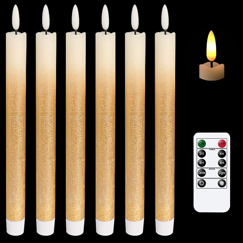 Dromance Gold Flameless Taper Candles Battery Operated With Remote Timer, Real Wax 3D Wick Flickering Led Taper Candles Dinner W