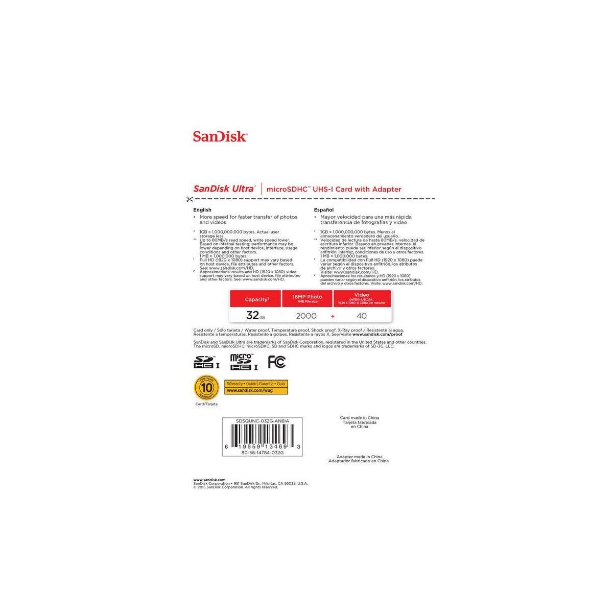 Sandisk Ultra   Flash Memory Card   32 Gb   Microsdhc Uhs I (Sdsqunc 032G An6Ia)