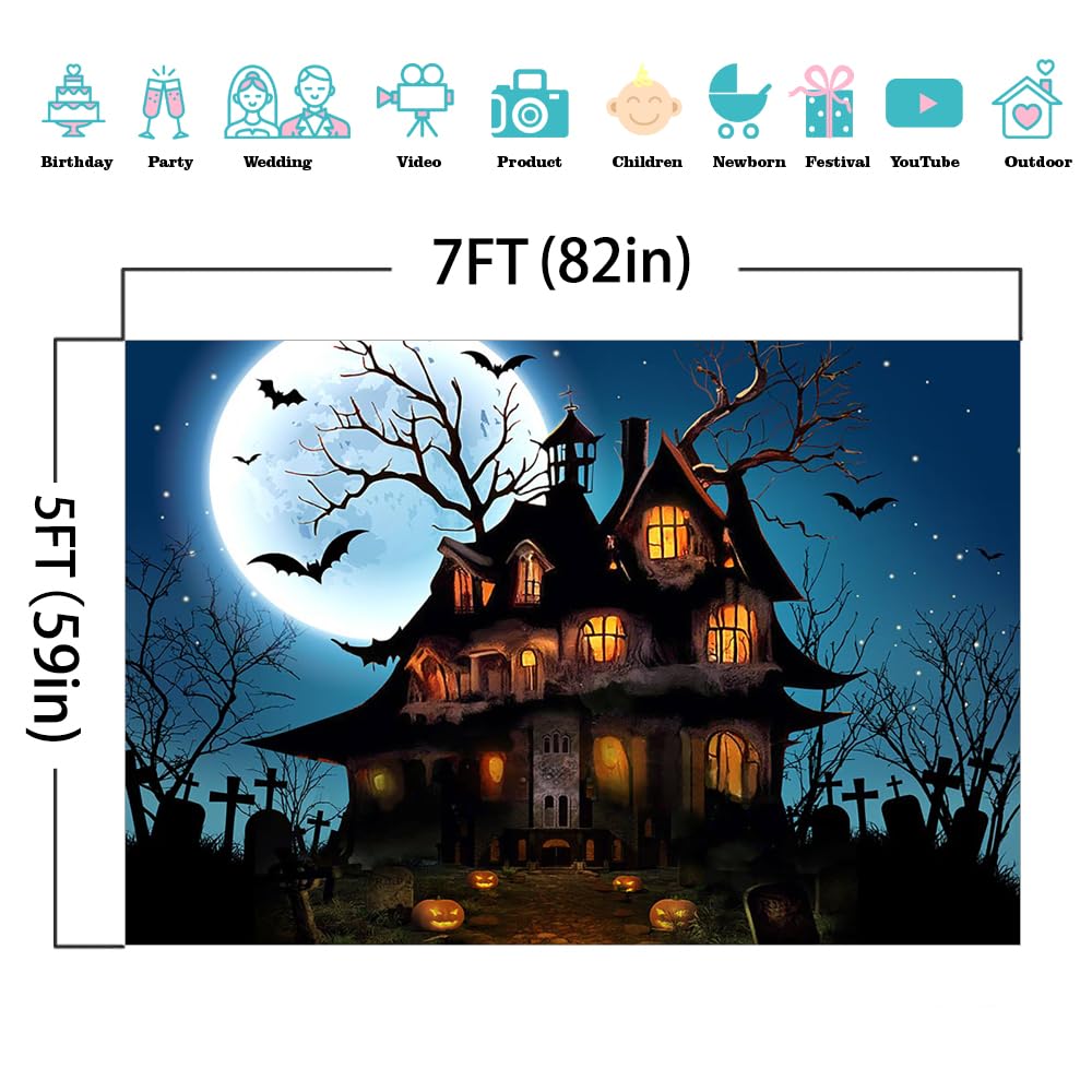 Mocsicka Halloween Backdrop For Photography Blue Night Moon Haunted House Background Spooky Cemetery Hollween Costume Party Deco