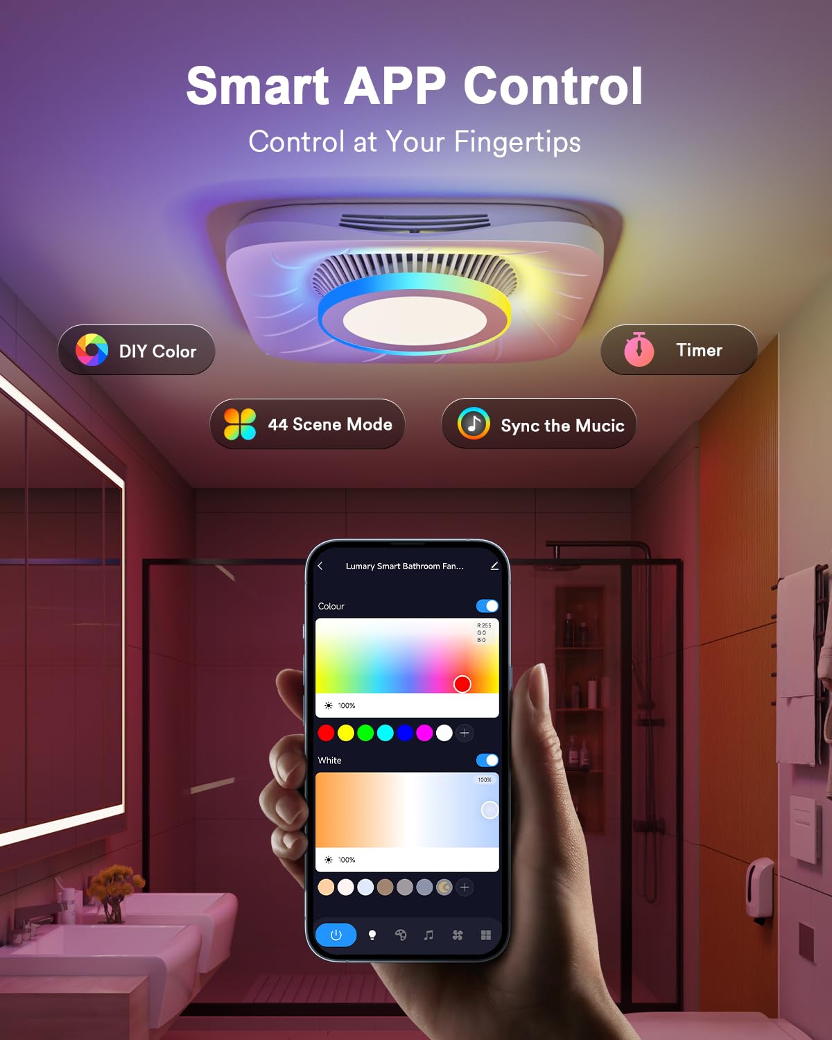 Lumary Smart Wifi Bathroom Exhaust Fan With Light, Rgbai Bathroom Fan With 1000Lm Cct Dimmable Led, Exhaust Fans With App & Voic