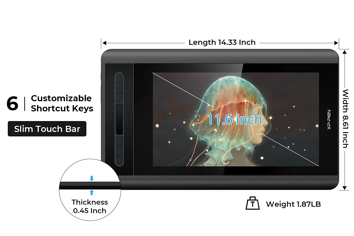 Xp-Pen Artist12 11.6 Inch Fhd Drawing Monitor Pen Display Graphic Monitor With Pn06 Battery-Free Multi-Function Pen Holder And G