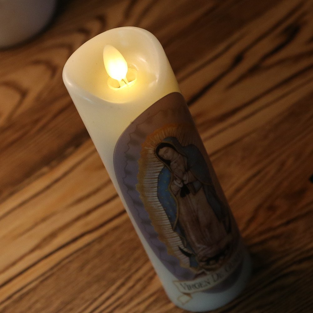 Nonno & Zgf Moving Wick Flameless Our Lady Of Guadalupe Prayer Candle, Real Wax, Virgin Mary Devotion Battery Operated Pillar Ca