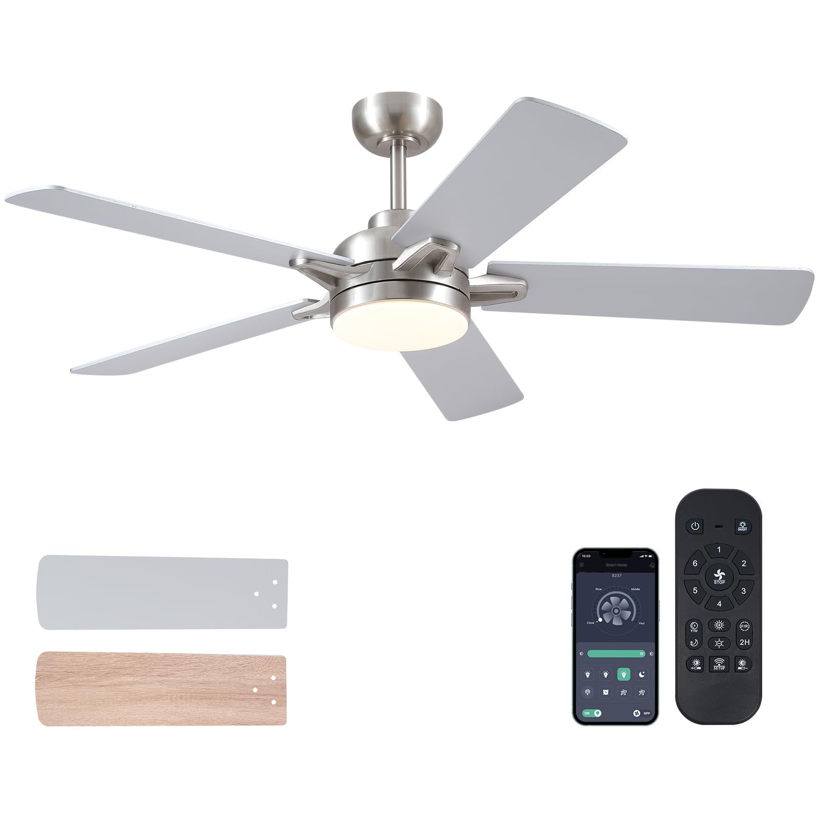 Chesur 52'' Ceiling Fan With Lights And Remote   Low Profile Ceiling Fans With 5 Dual Sided Blades And Reversible Motor, Indoor/