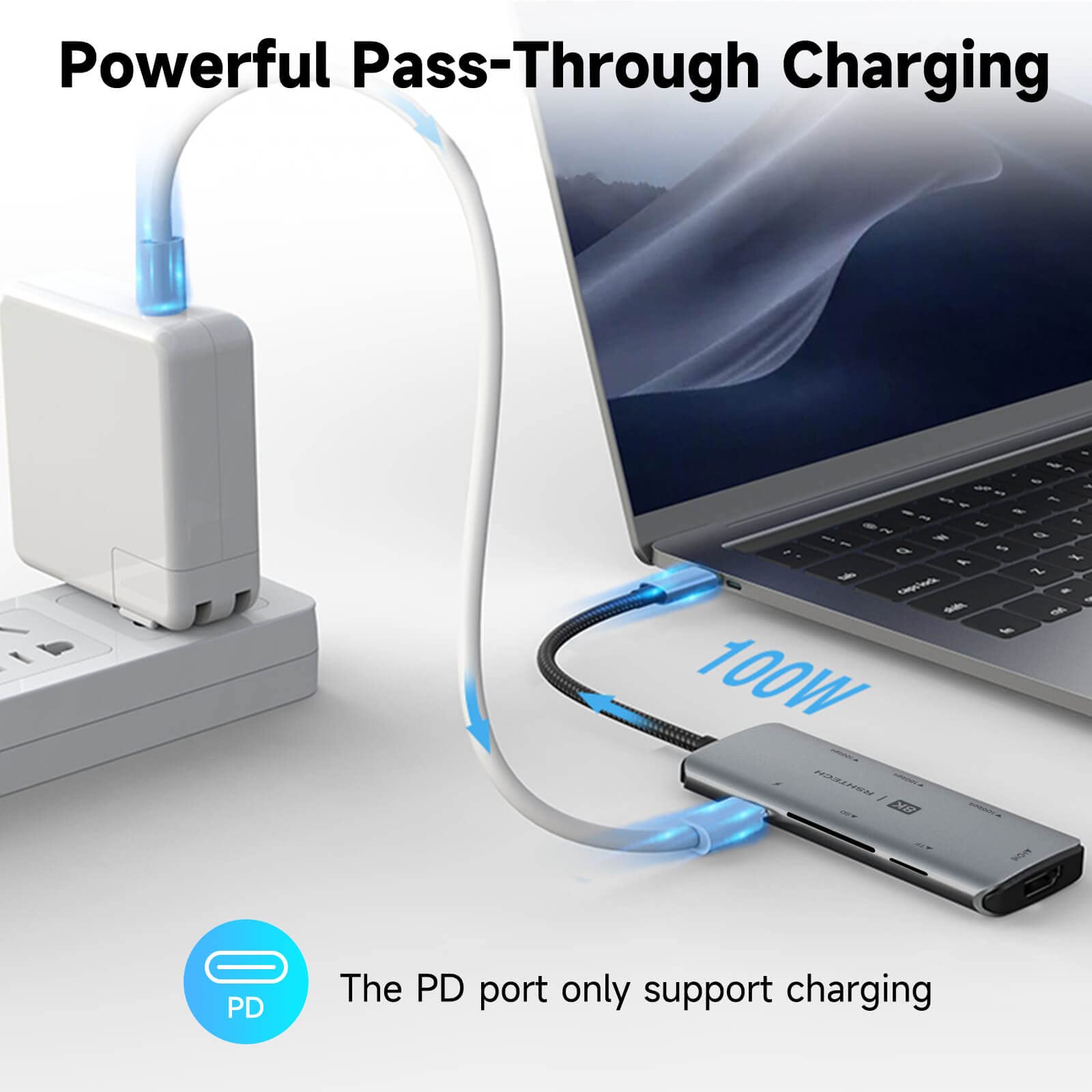 Usb C Hub, Rshtech Usb C Dongle Adapter With 8K Hdmi, 10Gbps Usb C And 2 Usb A Data Ports, 100W Power Delivery, Sd/Tf Card Reade