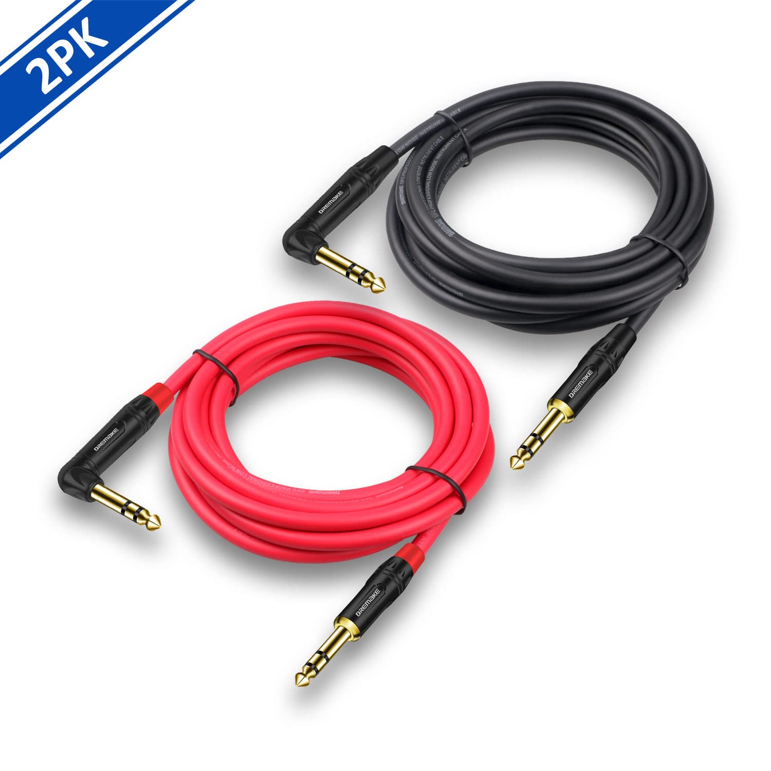 Dremake 6Ft 2 Pack Trs 1/4 Straight To Right Angle Professional Instrument Guitar Amp Cable, Trs 6.35Mm Male To Male Balanced Au