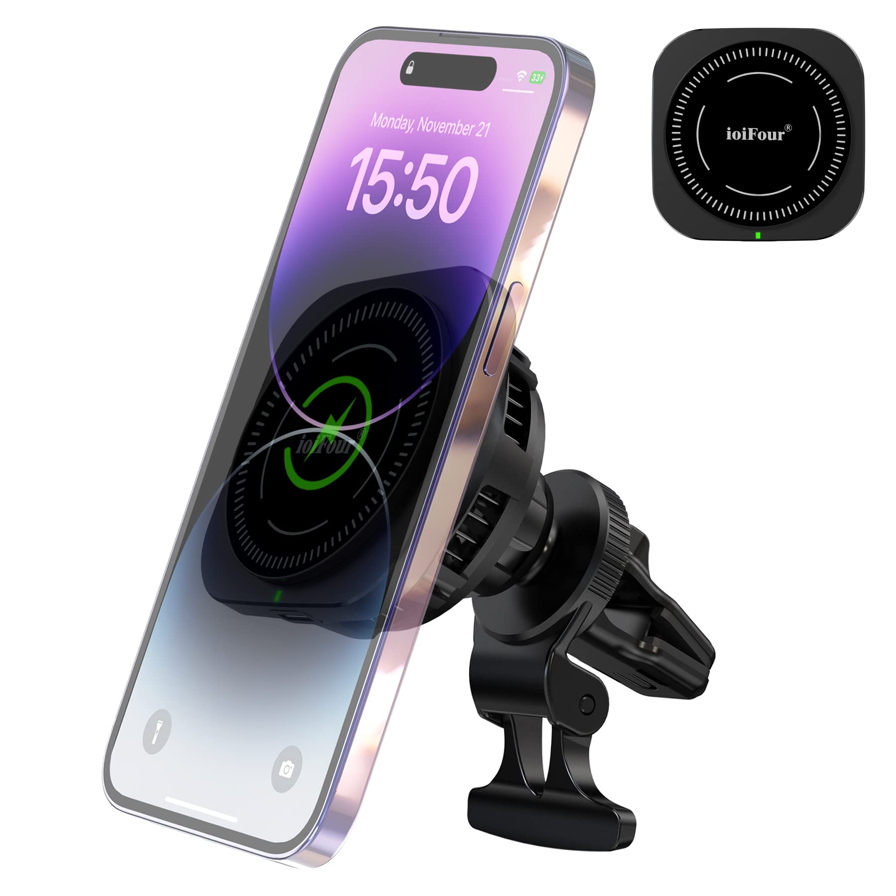 Ioifour Magsafe Car Charger With Built-In Cooling Fan, 15W Fast Wireless Charger Mount For Iphone 16/15/14 Pro Max, Samsung Gala