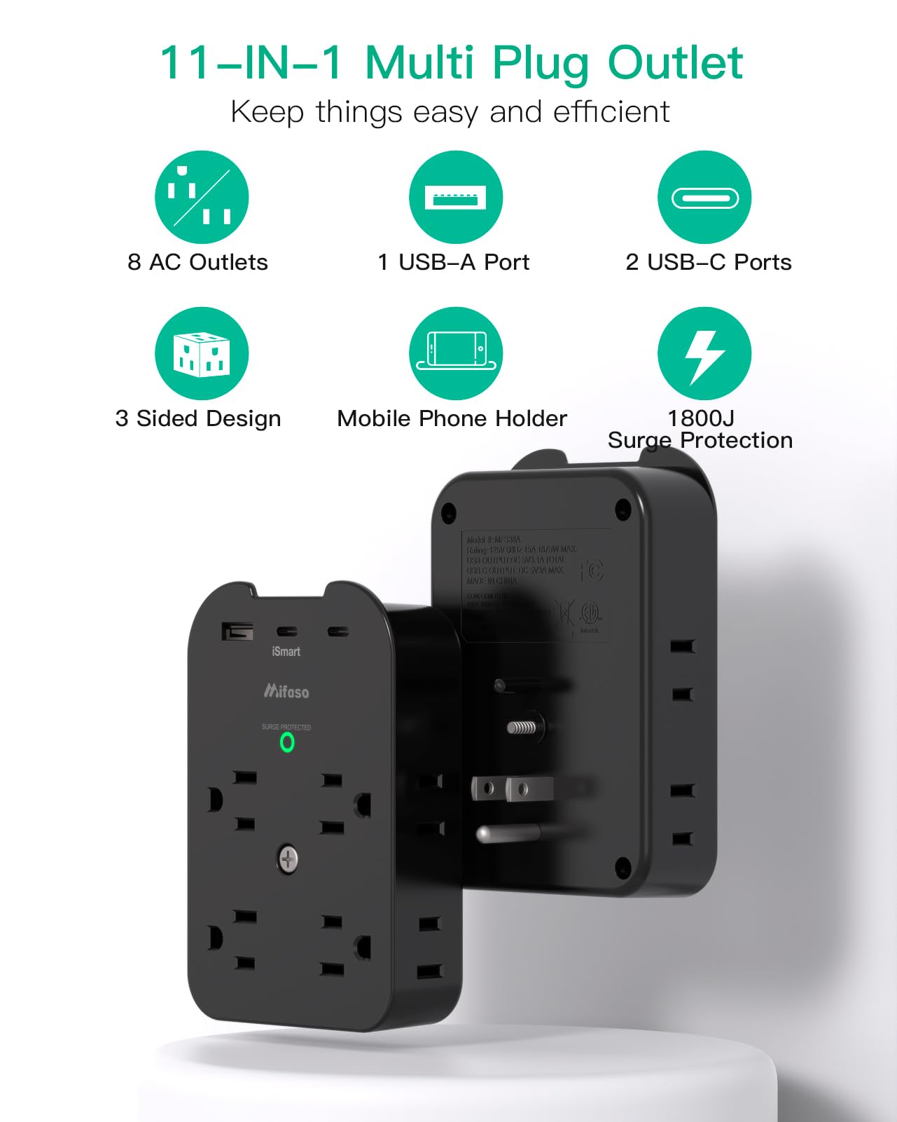 Outlet Extender   Wall Surge Protector With 8 Outlets 3 Usb 2 Usb C, 1 Usb A Multi Plug Outlet Splitter, Wall Mount Adapter With Top Phone Holder For Home, School, Office 1800 Joules, Black