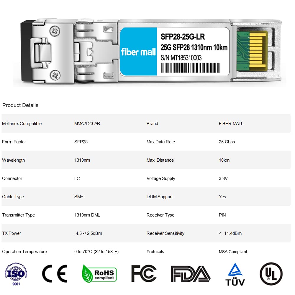 25G Sfp28 Lr For Mellanox Mma2L20 Ar,25Gbase Lr Sfp28 1310Nm 10Km Dom Lc Smf Optical Transceiver Module