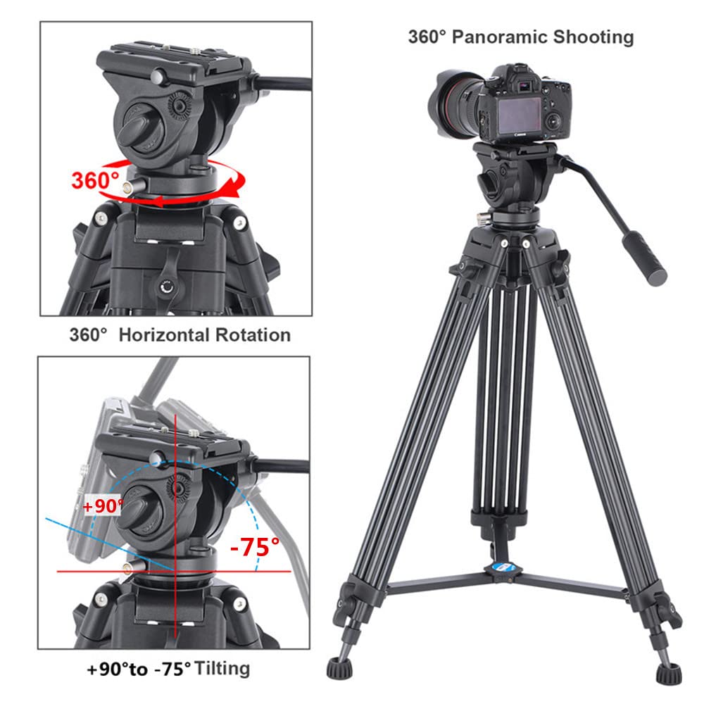 YUSEN Professional Heavy Duty Video Tripod K9 Aluminum Twin Tube 360 Fluid Head Black 62" (182cm) 17.6lb Load