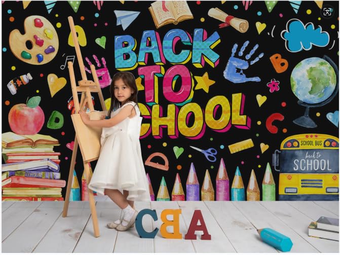Mocsicka Back To School Backdrop First Day Of School Banner Welcome Back To School Decorations For Classroom Chalkboard Classroom Banner Photo Studio Props (7X5Ft)