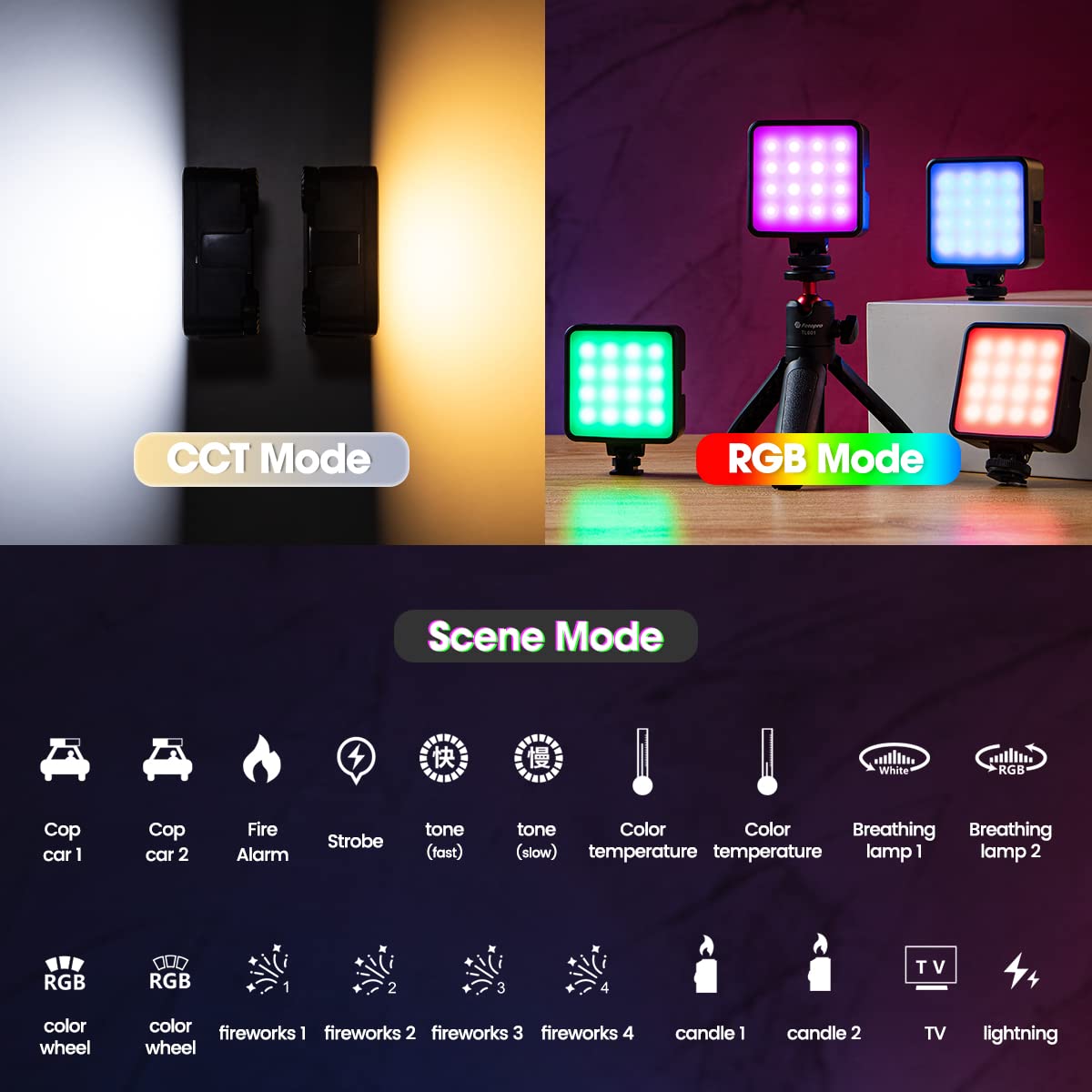 Fotopro Rgb Video Lights Cold Shoe 2500 9000K Dimmable 2000Mah Rechargeable Full Color Portable Fill Light For Youtube Photograp