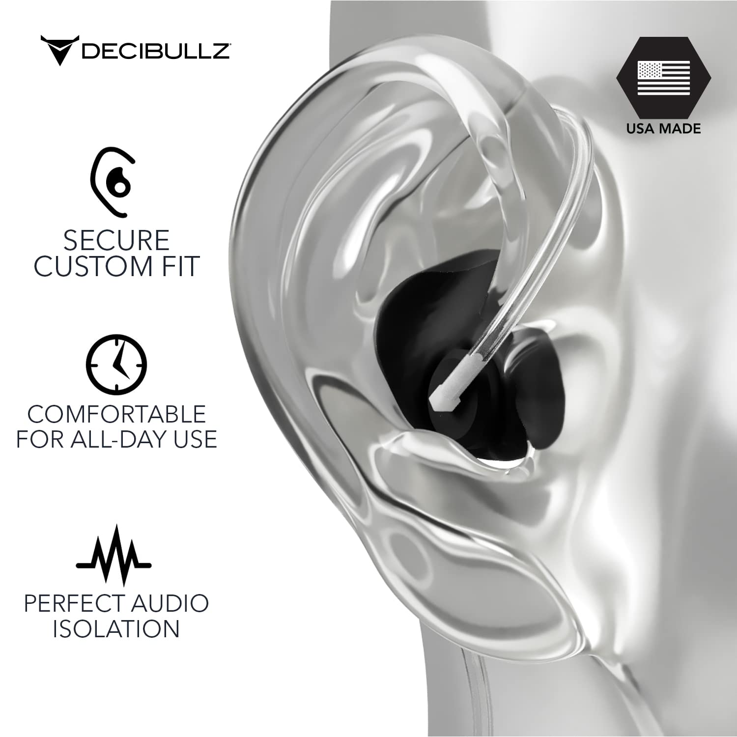 Decibullz Custom Molded Security Radio Surveillance Earpiece Set, Thermo-Fit Designed For Clear Acoustic Tube Radios, Isolation