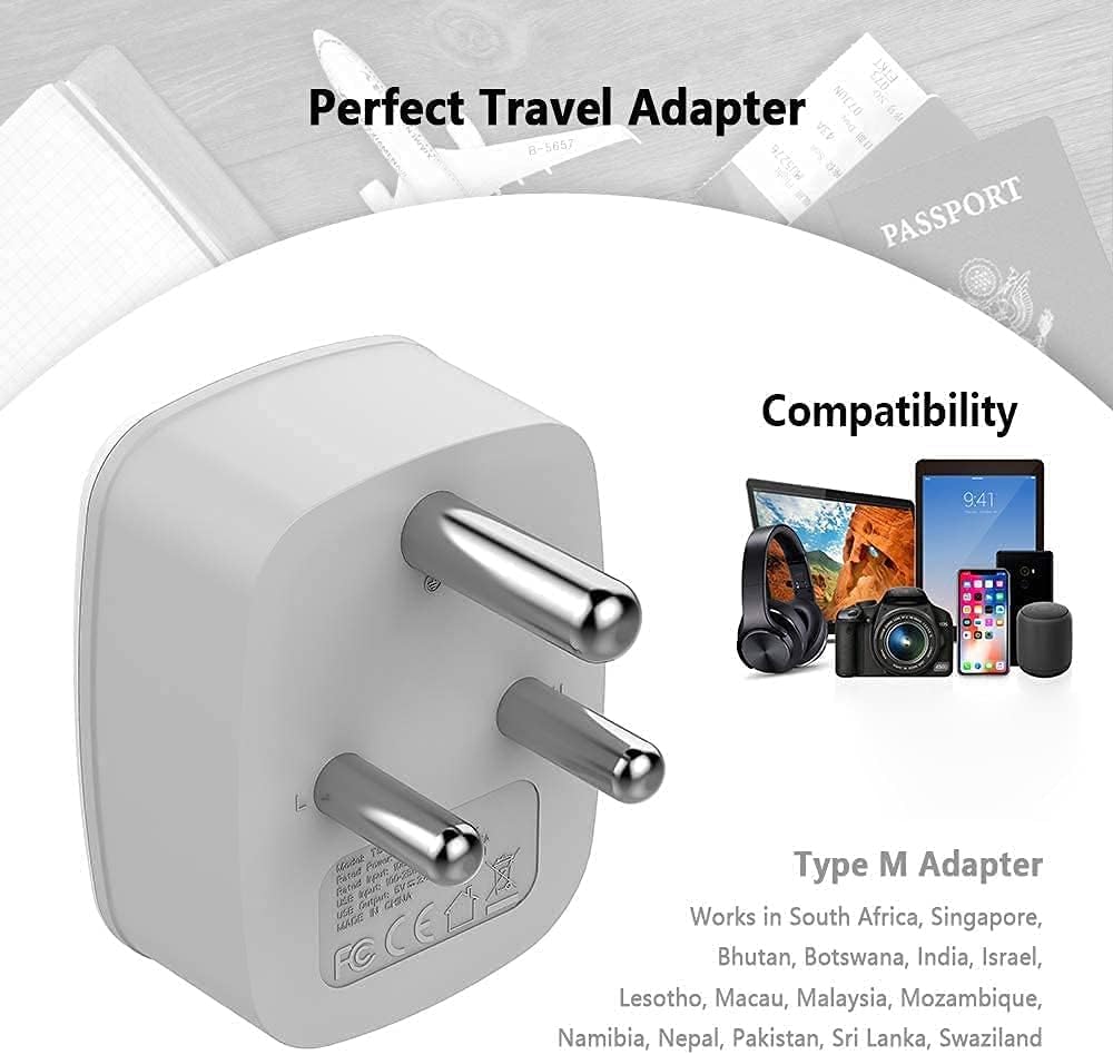 Tessan South Africa Power Adapter, Type M Travel Plug Adaptor With 2 Usb & 1 American Grounded Outlet For Usa To Bhutan, Botswan