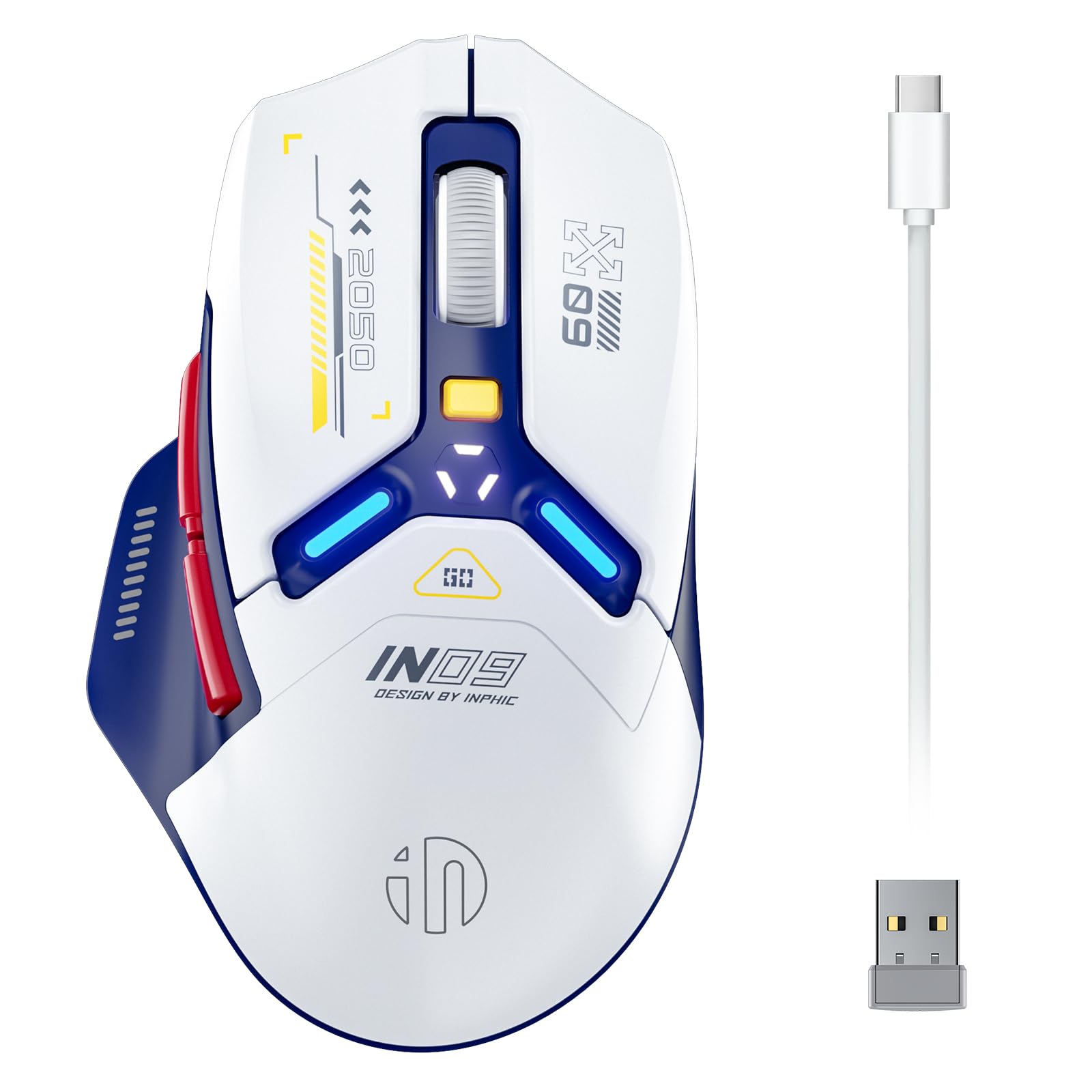 Inphic In9 Wireless Gaming Mouse, True Tri Mode Bluetooth/Type Cwired/2.4G Wireless Mouse, 10000 Dpl, Fully Programmable, Rgb Ba
