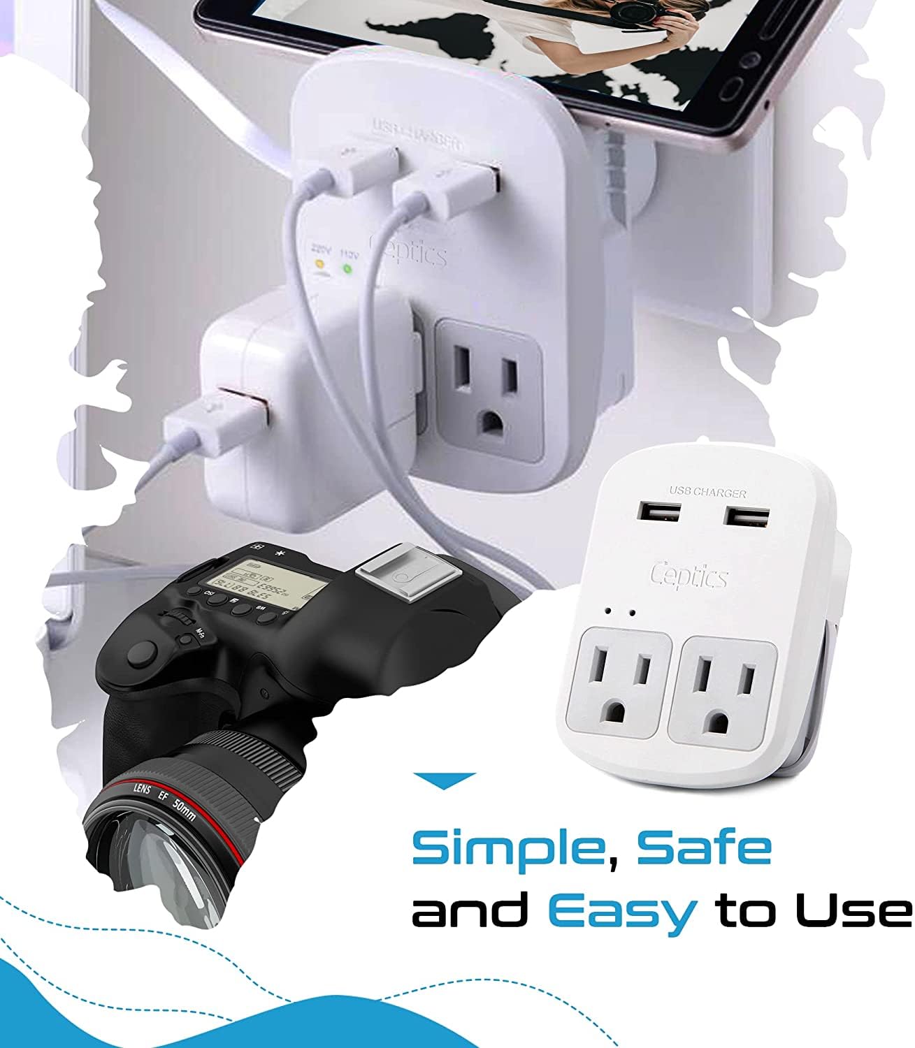 Ceptics Safest Travel Adapter Kit, Dual Usb For Iphone, Chargers, Cell Phones, Laptop Perfect For Travelers   3.6A With Qc. 3.0 Charge Faster