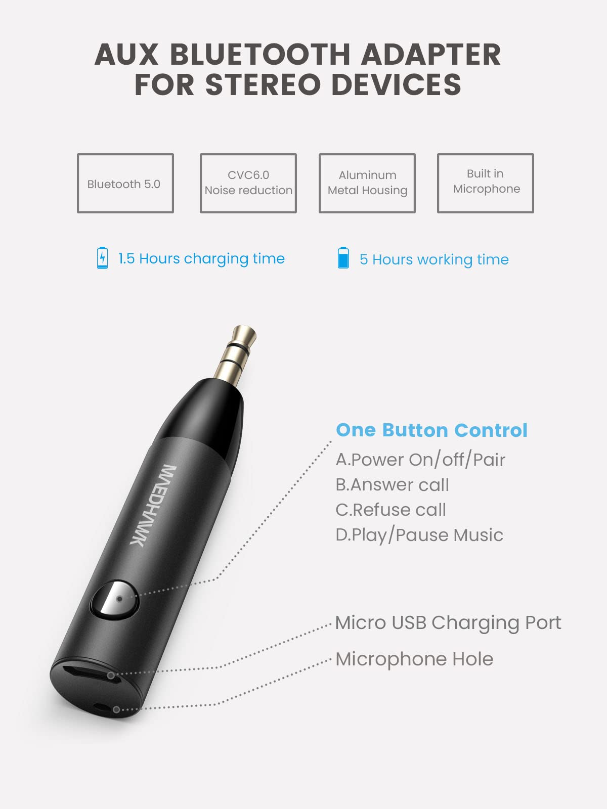 Maedhawk 3.5Mm Bluetooth Aux Adapter For Car, [Noise Cancelling] Bluetooth 5.0 Receiver With Built-In Mic For Hands-Free Calls,