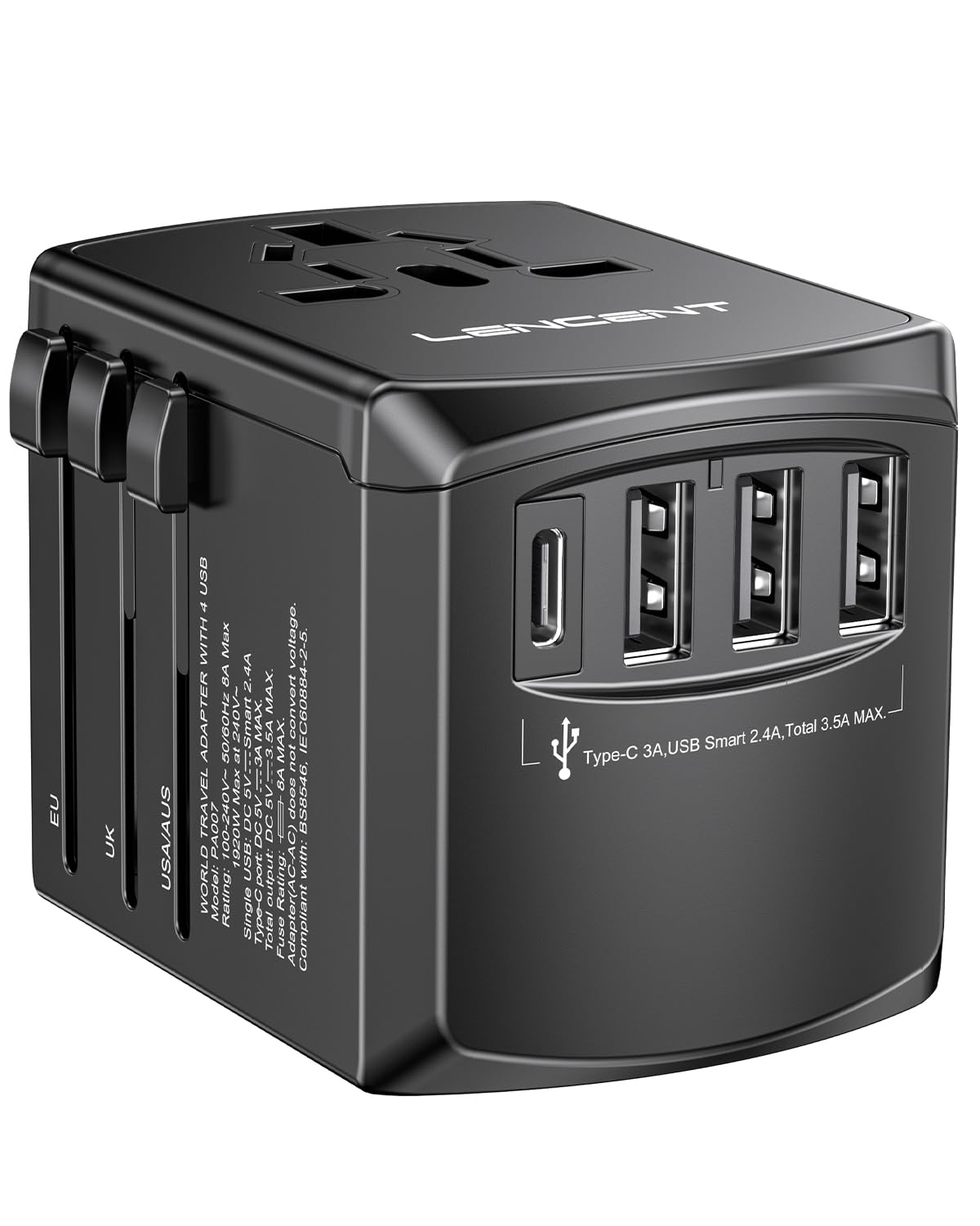 Lencent Universal Travel Adapter, International Charger With 3 Usb Ports And Type C Pd Fast Charging Adaptor For Iphone, Samsung