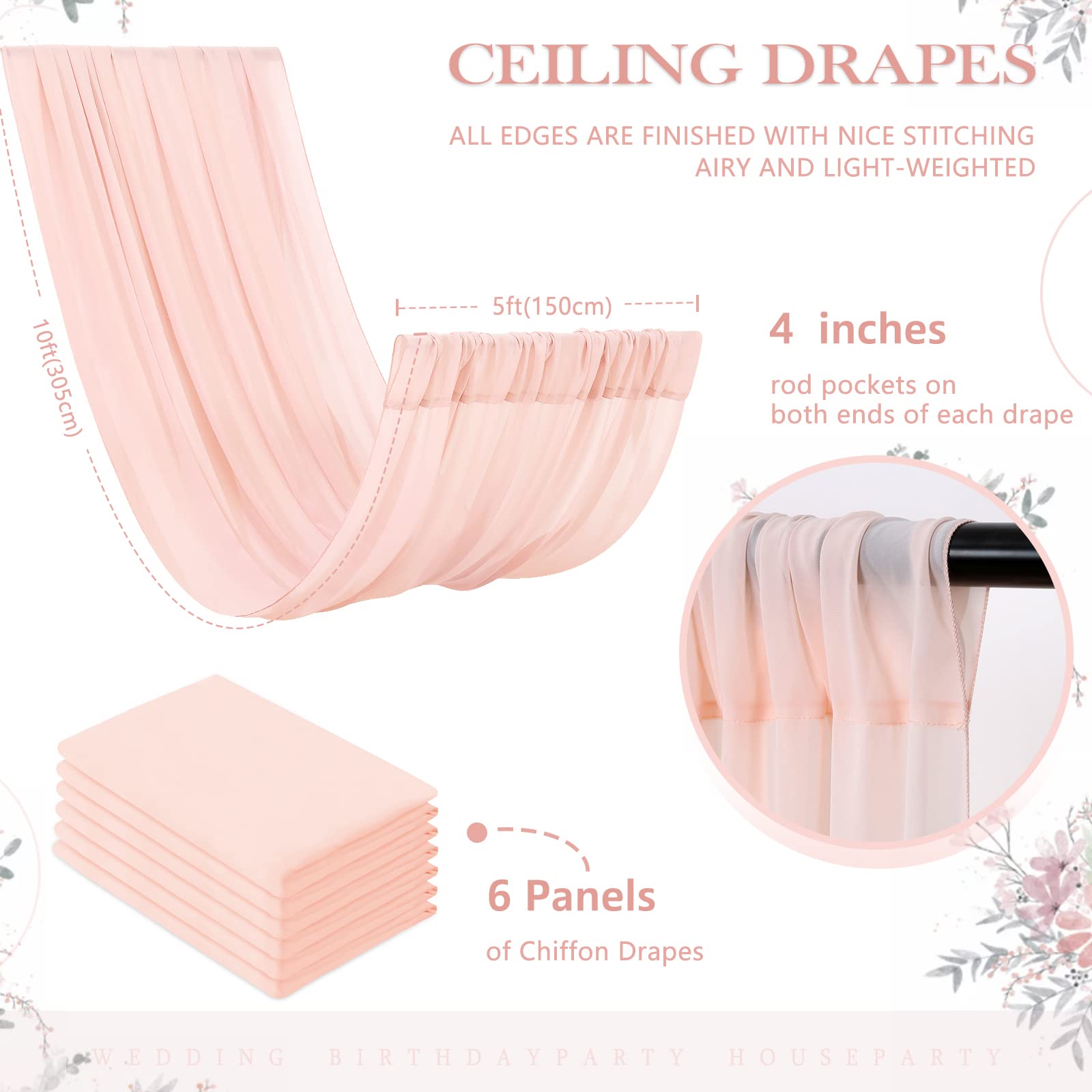 Chiffon Wedding Ceiling Drapes 6 Panels 5Ftx10Ft Light Peach Sheer Fabric Swag Drapes For Ceremony Reception Stage Arch Backdrop