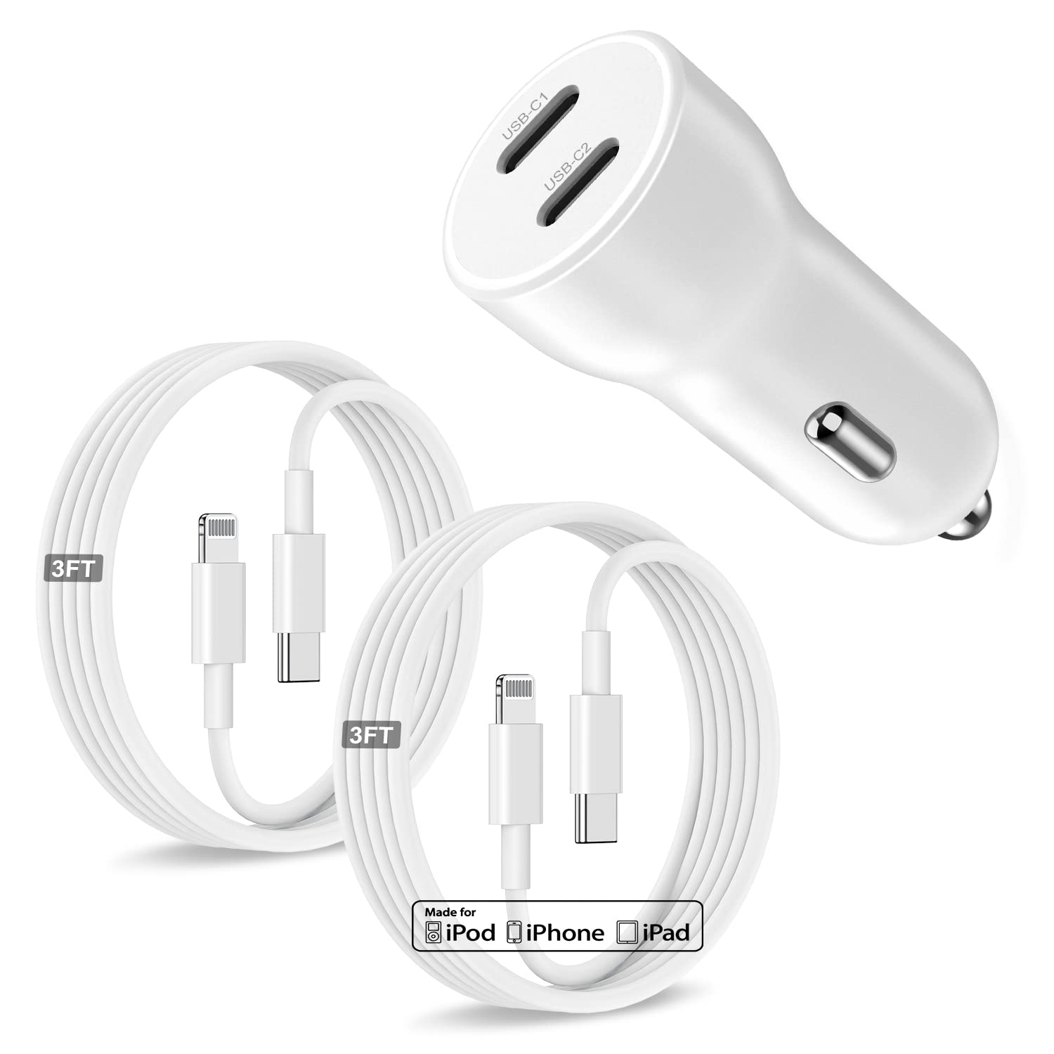For Iphone 14 13 Car Charger,[Mfi Certified]45W Dual Port Usb C Rapid For Apple Car Adapter With 3Ft Type C To Lightning Cable F