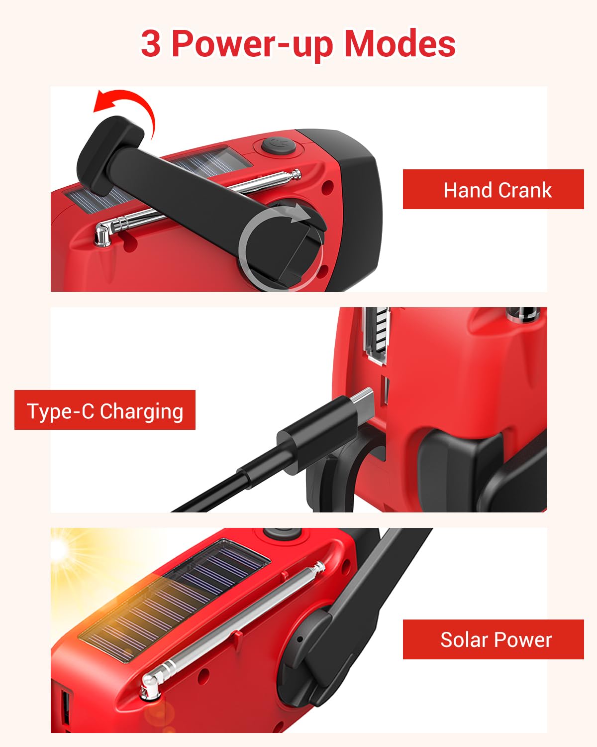 Esky Emergency Hand Crank Radio With 3 Led Flashlight, Am/Fm/Noaa Portable Weather Radio With 2000Mah Power Bank Phone Charger,