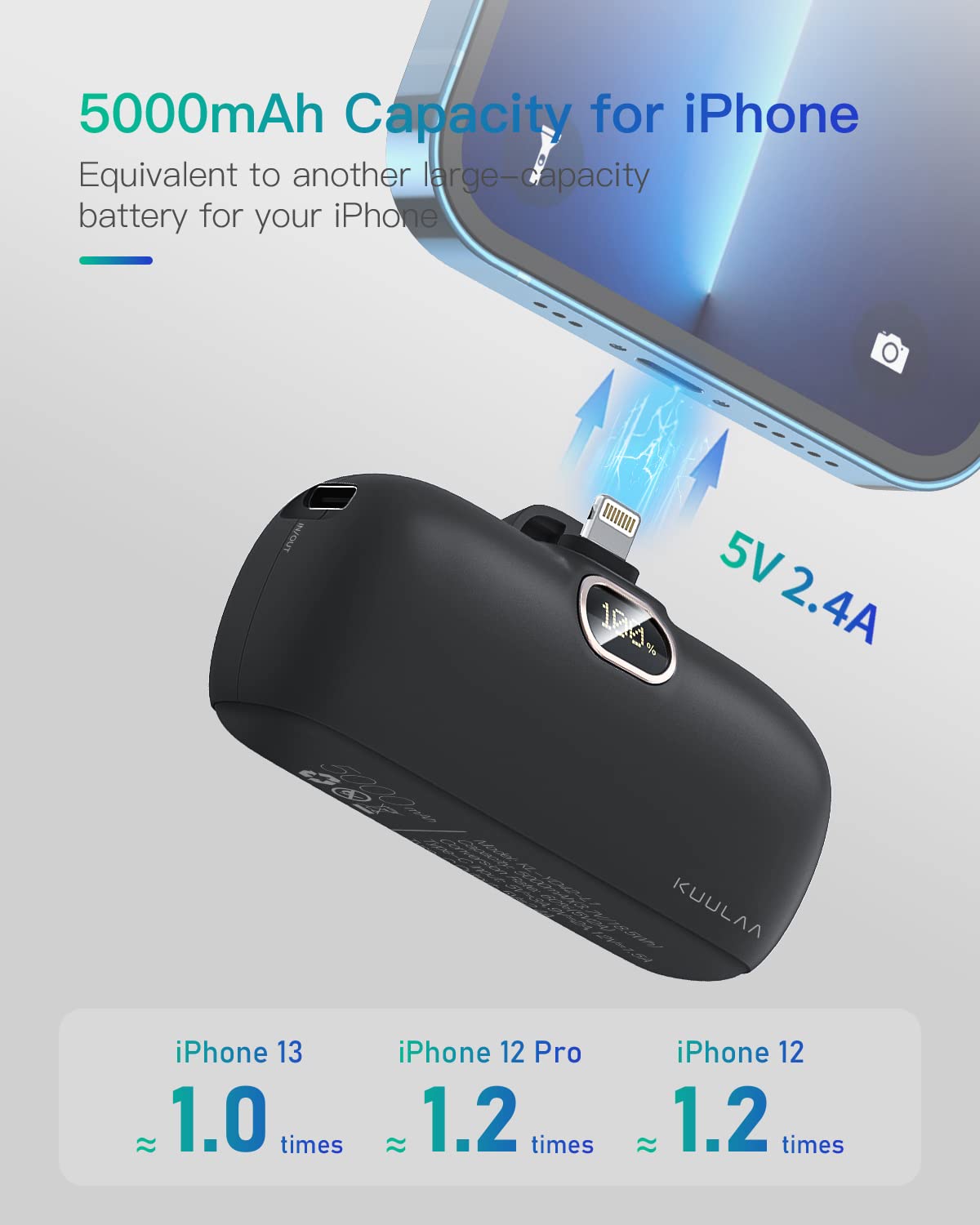 Kuulaa Small Portable Charger Iphone With Built In Lightning Cable 5000Mah Power Bank Fast Charging For Iphone 14/13/13 Pro/12/12 Pro/11/Xr/Xs/X/8/7/6 Black