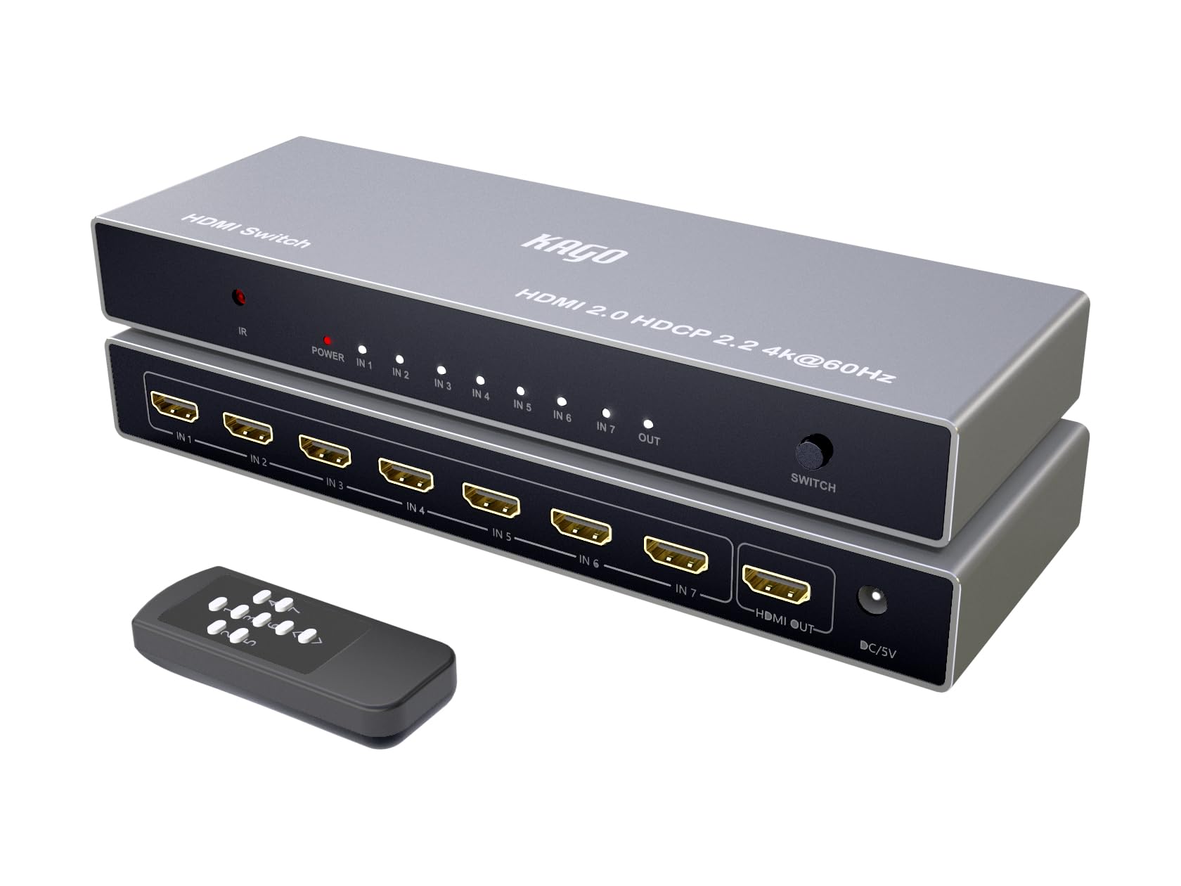 Kago Hdmi Switch 7 In 1 Out 4K@60Hz,7 Ports Hdmi Splitter With Remote,Hdmi Selector Switcher Box Hub Hdr Hdcp 3D, Aluminum Premi