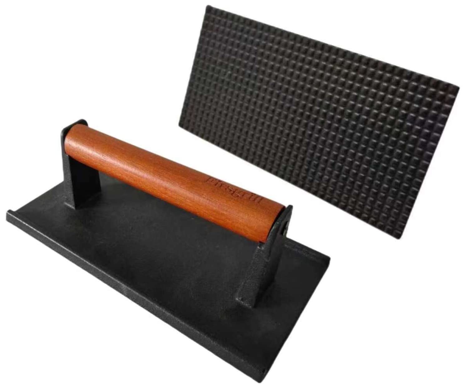 Firsgrill 8.3  4.3 Heavy-Duty Cast Iron Grill Press and Steak Weight with Cool-Touch Comfort-Grip Wood Handle - BBQ Accessories 