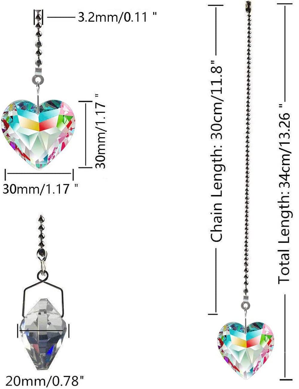 Hyamass 2Pcs Crystal Heart Prisms Pendant Ceiling Fan Pull Chain Extender With Ball Chain Connector (Ab Color)