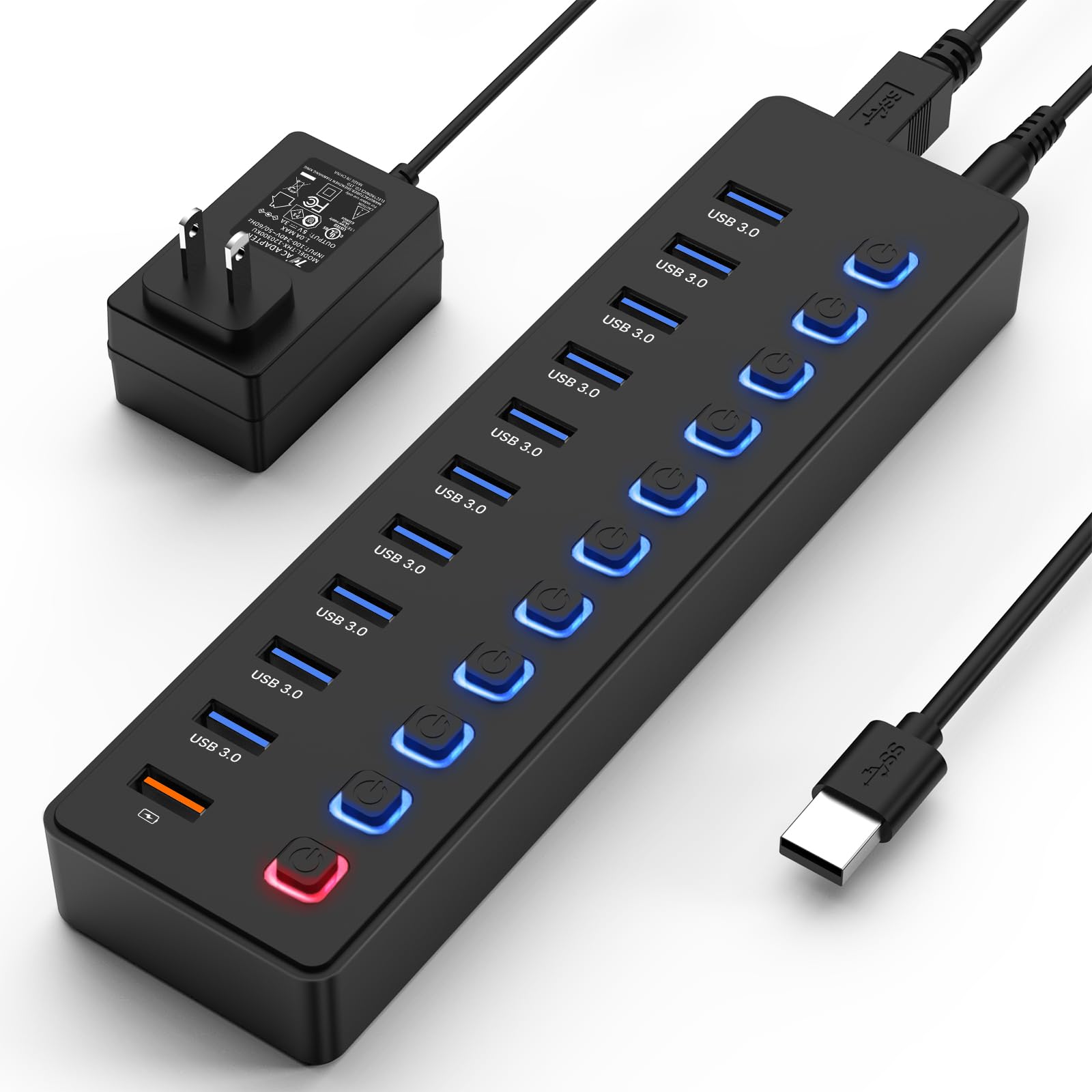 Usb Hub,Powered Usb Hub, 11 Port Hub Splitter,10 Usb 3.0 Data Transfer Port + 1 Smart Charging Port,Independent Switch (With Led