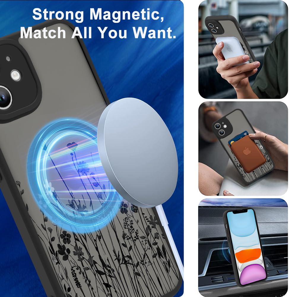 Ook Magnetic For Iphone 12 Case [Compatible With Magsafe] Black Wild Flower Slim Translucent Matte Case For Iphone 12 Case Camer