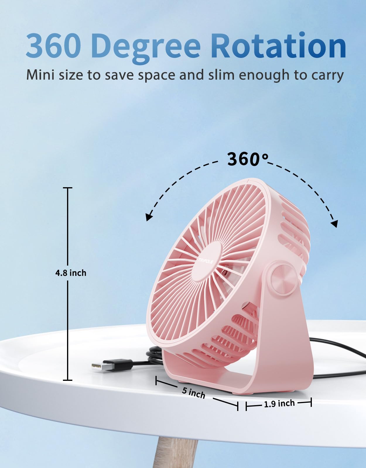 Tripole Usb Desk Fan 4.5 Inches Portable Mini Fan Powerful 3 Speeds Wind Personal Desktop Fan With 360 Head Rotation For Home Of