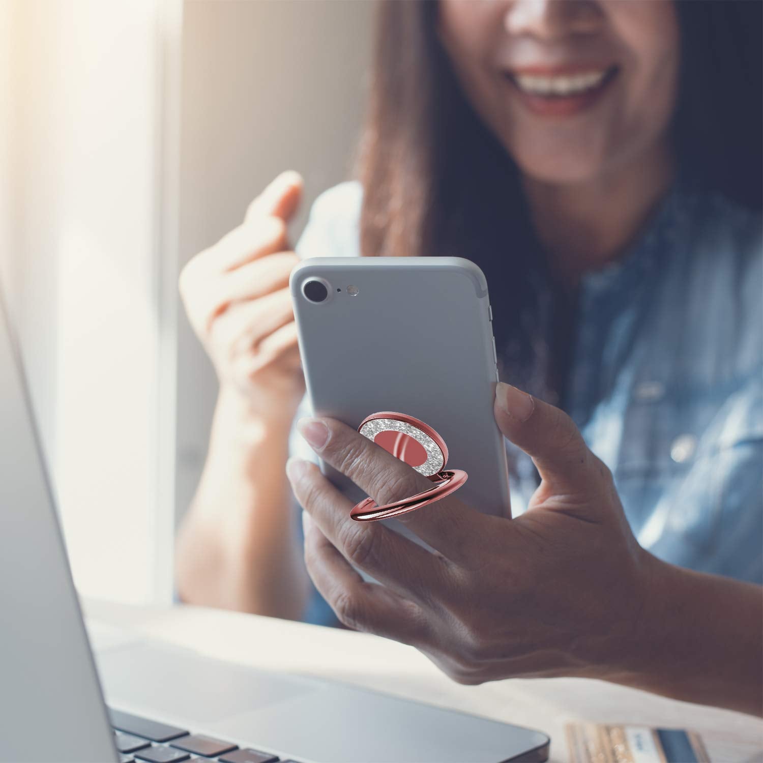 Pikabo Cell Phone Ring Holder Stand, Cell Phone Grip Holder, Adhesive Phone Grip For Phones And Cases. (Glitter Rose Gold)