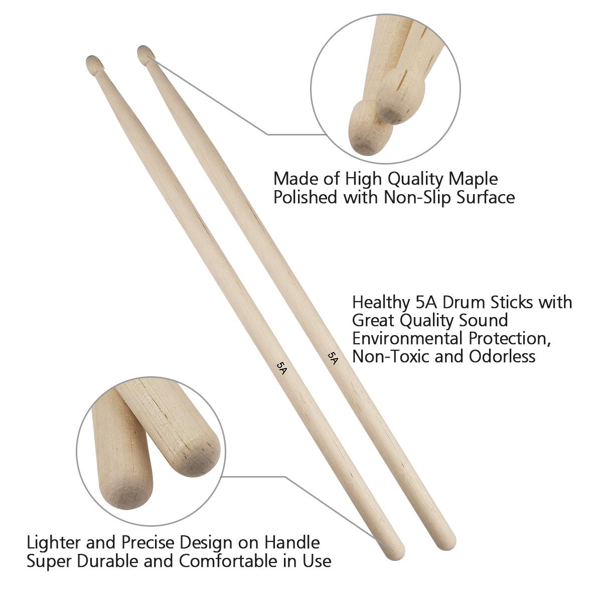 Drum Sticks Set,Eison 5A Maple Wood Drum Sticks,Drum Rods Brushes,Retractable Drum Wire Brushes,12Pcs Drum Dampeners With Portab