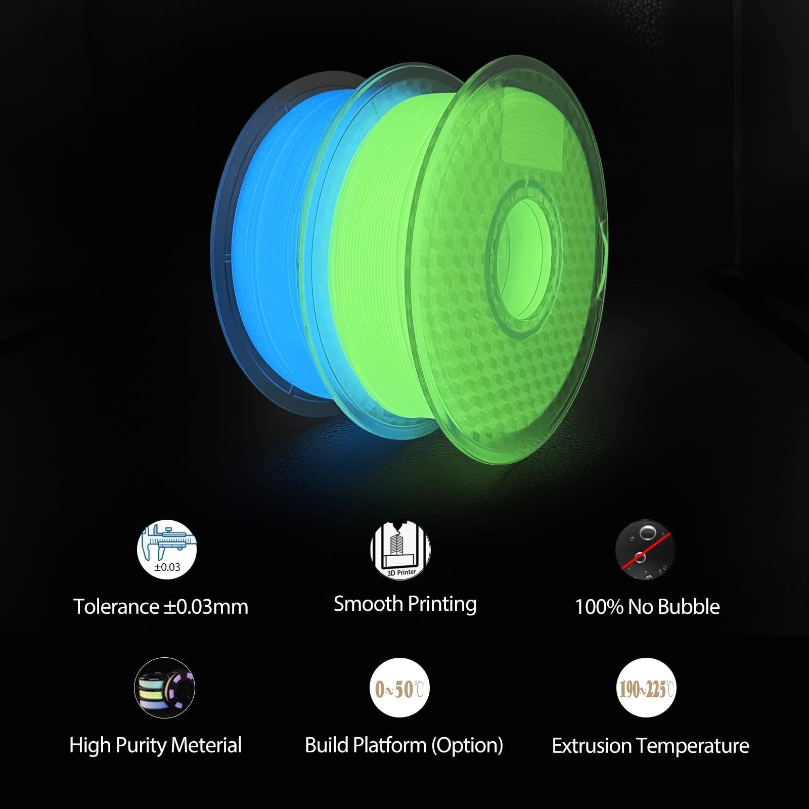 3D Printer Filament, Pla Filament Glow In The Dark Green And Blue, 1.75Mm Dimensional Accuracy +/  0.03 Mm, 2Kg Spool