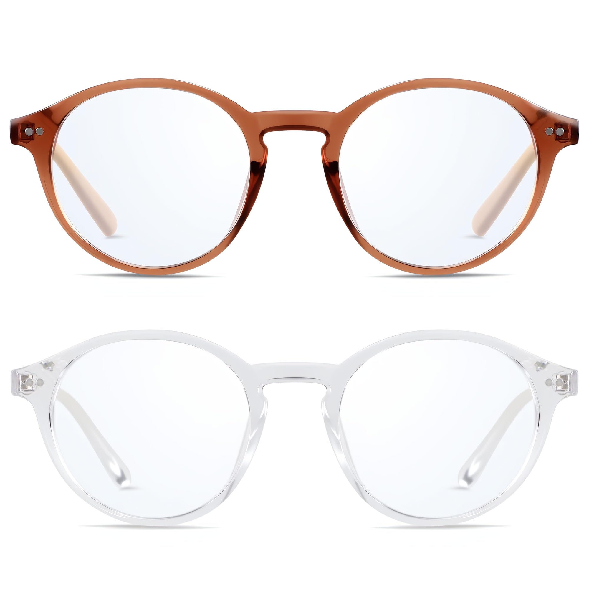 ANDWOOD Blue Light Blocking Glasses Women Men Computer Small Face Frame Bluelight Blocker Teens Round Frame 2 Pack Brown Clear