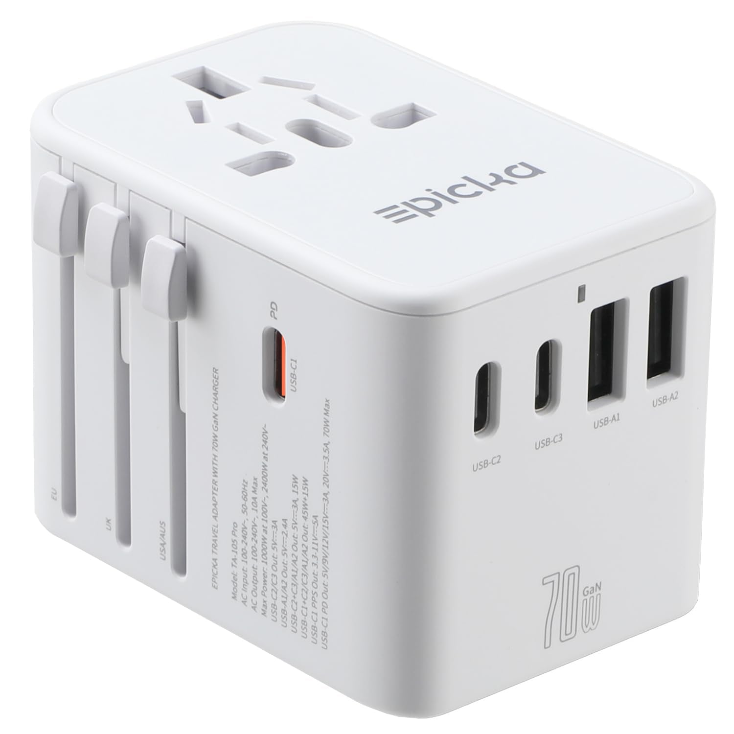 Epicka Universal Travel Adapter, Gan International Plug Adapter With 3 Usb C 70W Pd Fast Charging & 2 Usb A Adaptor All In One W