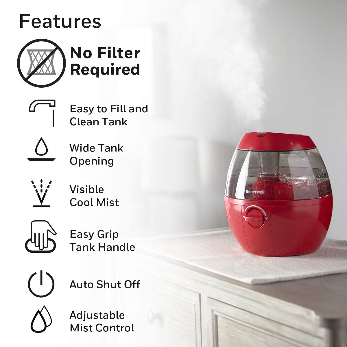 Honeywell Hul520R Mistmate Ultrasonic Cool Mist Humidifier, Red   Cool Mist Humidifier For Bedroom, Home Or Office